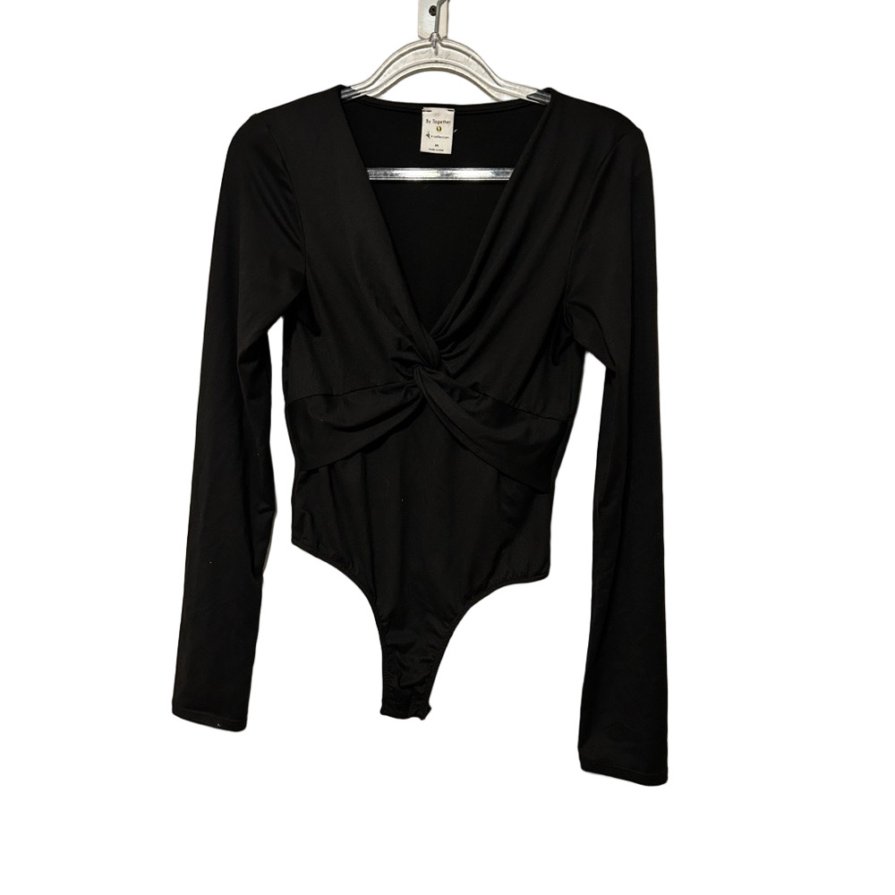 🪗By Together Black Top long sleeve v neck knot gathered bodysuit womens size M